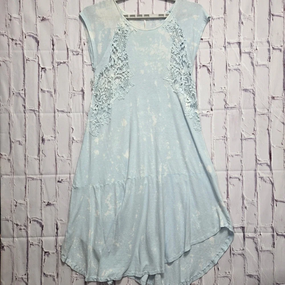Y2K Free People Light Blue Acid Wash Lace Crochet Mini Sun Beachy Dress Women XS